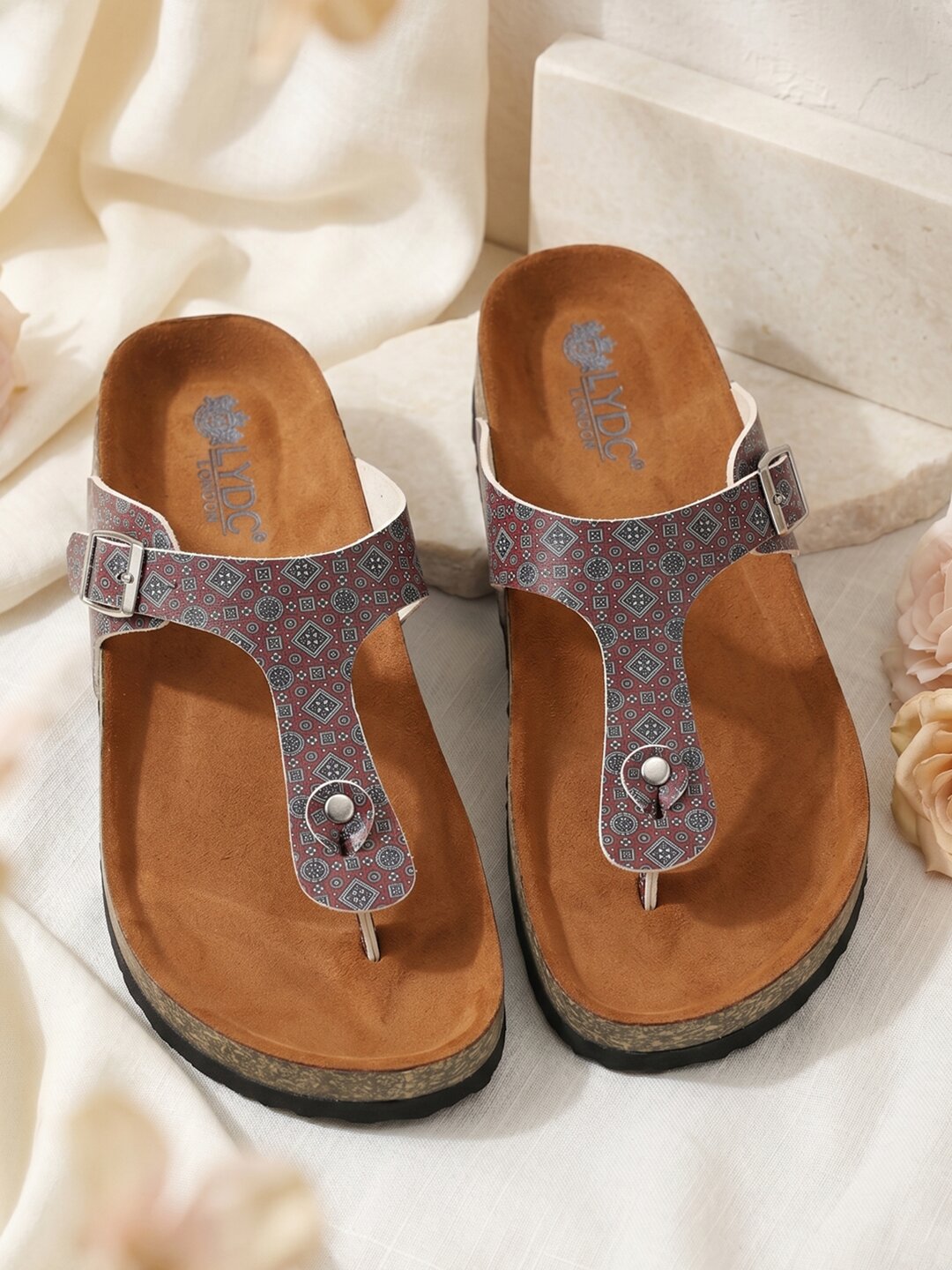 LYDC London - Women's Ajrak Print T Strap Fashion Sandals - Regent - Maroon