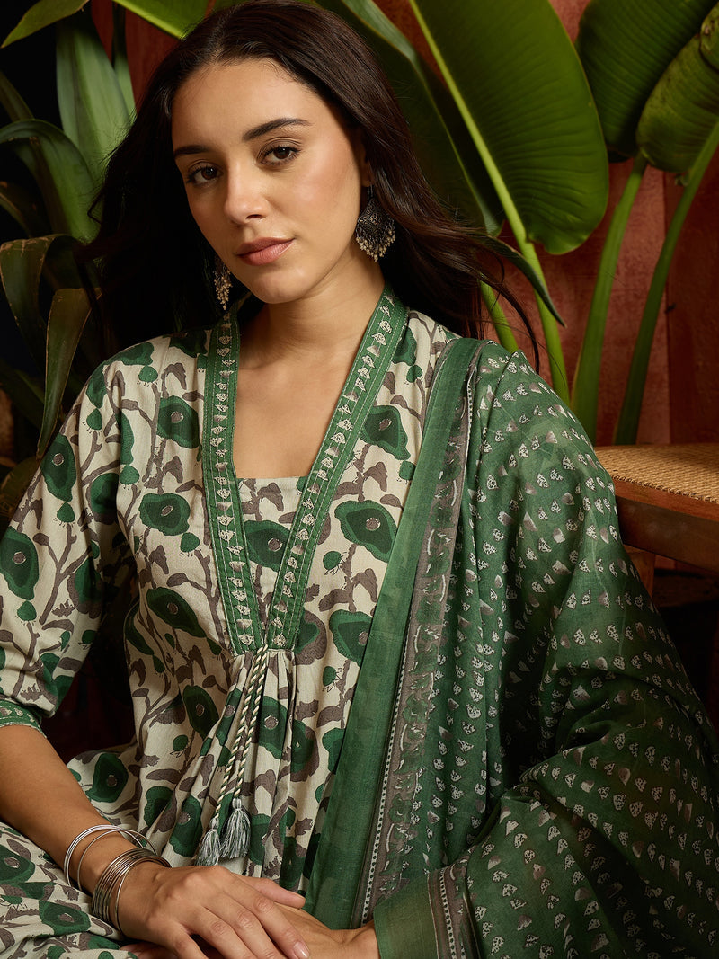 Stylum Women's Floral Printed Cotton A-Line Kurta Pant Dupatta Set