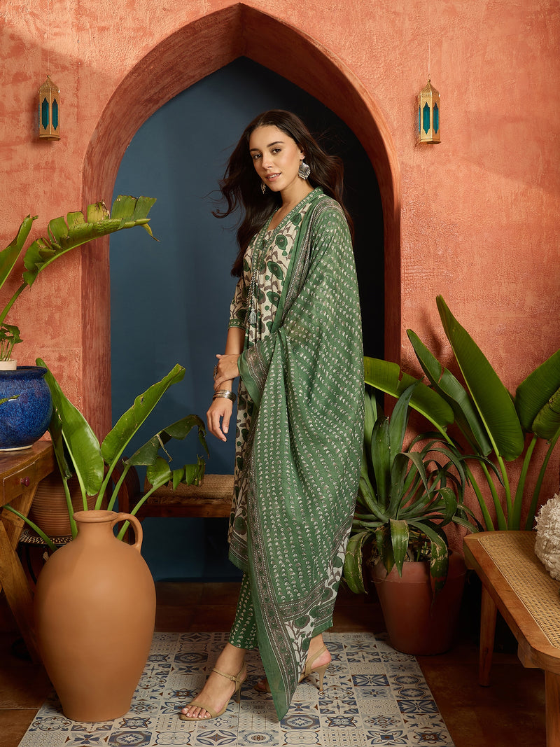 Stylum Women's Floral Printed Cotton A-Line Kurta Pant Dupatta Set