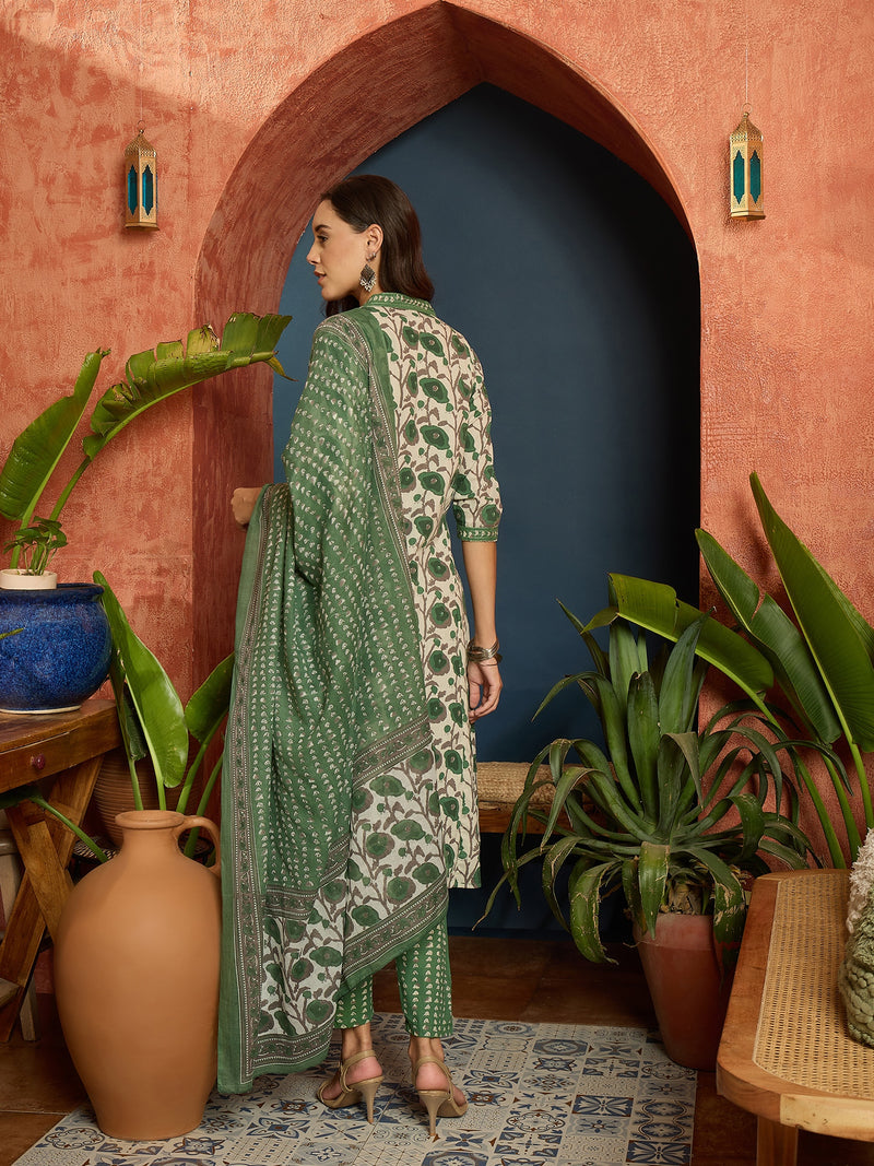 Stylum Women's Floral Printed Cotton A-Line Kurta Pant Dupatta Set