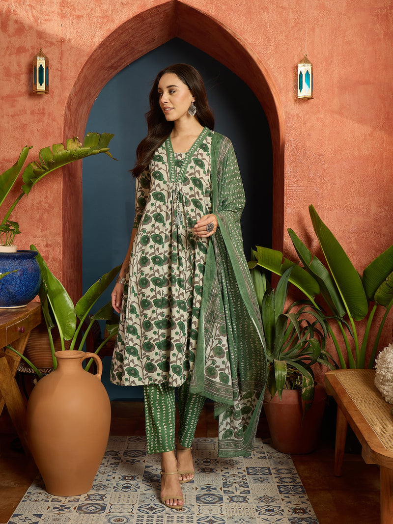 Stylum Women's Floral Printed Cotton A-Line Kurta Pant Dupatta Set