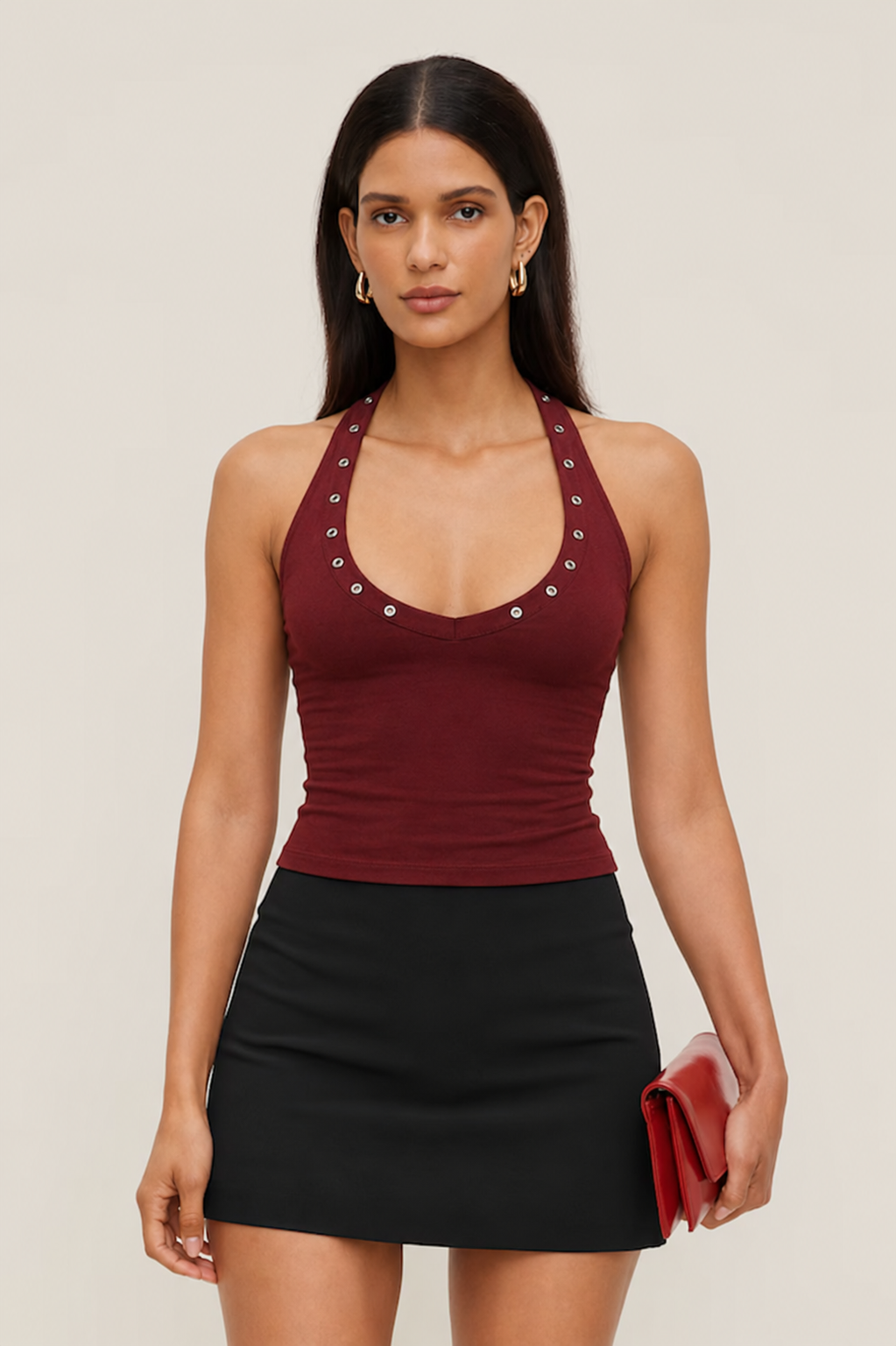 Mywishbag Halterneck Top In Brown With Eyelets - Polyester Blend