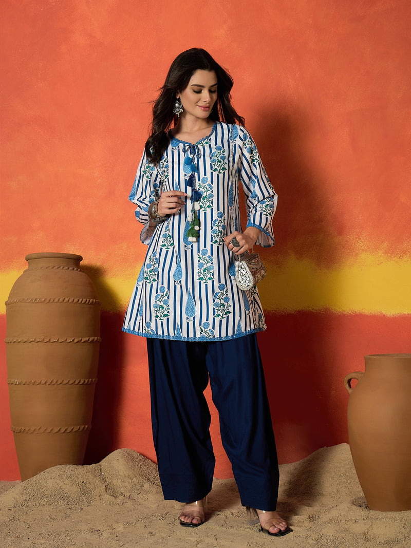 Stylum Women's Blue Striped & Floral Printed Rayon A-Line Kurti With Farshi Salwar