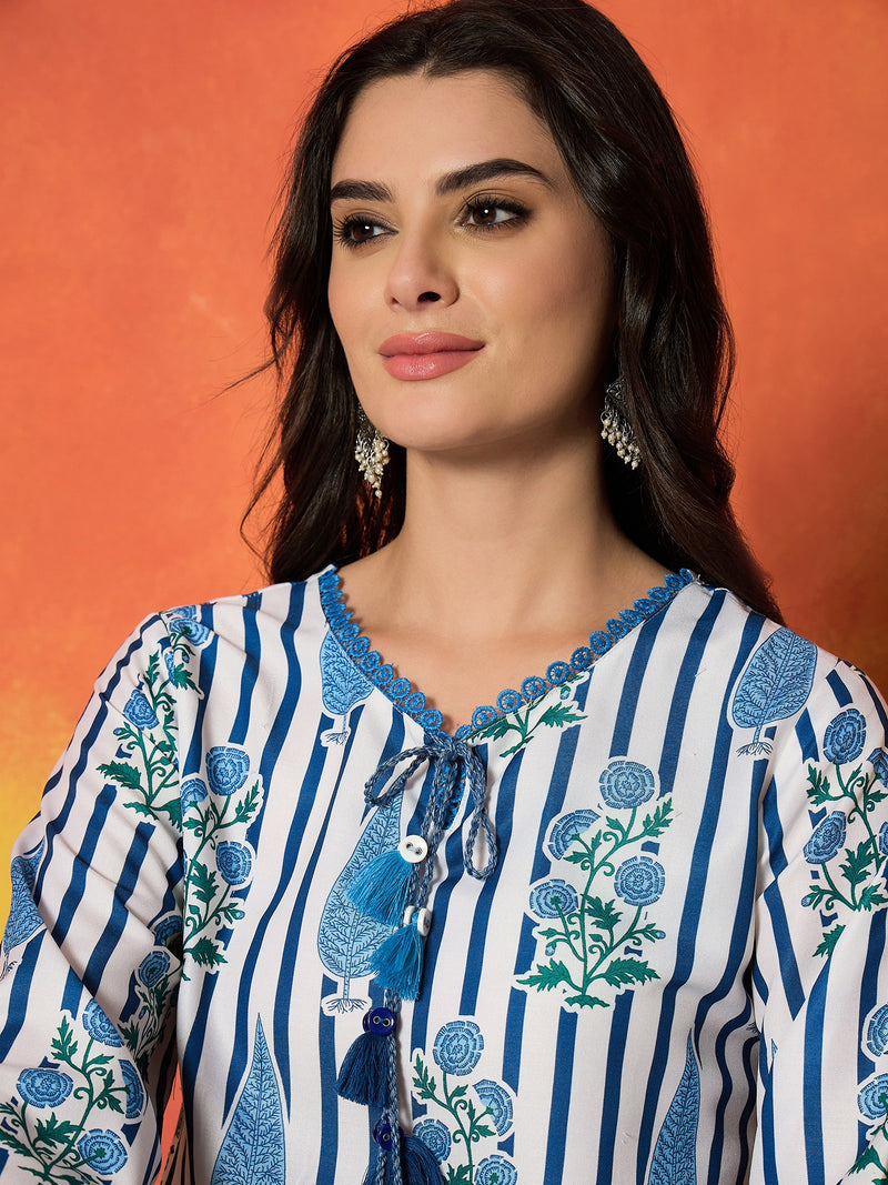 Stylum Women's Blue Striped & Floral Printed Rayon A-Line Kurti With Farshi Salwar