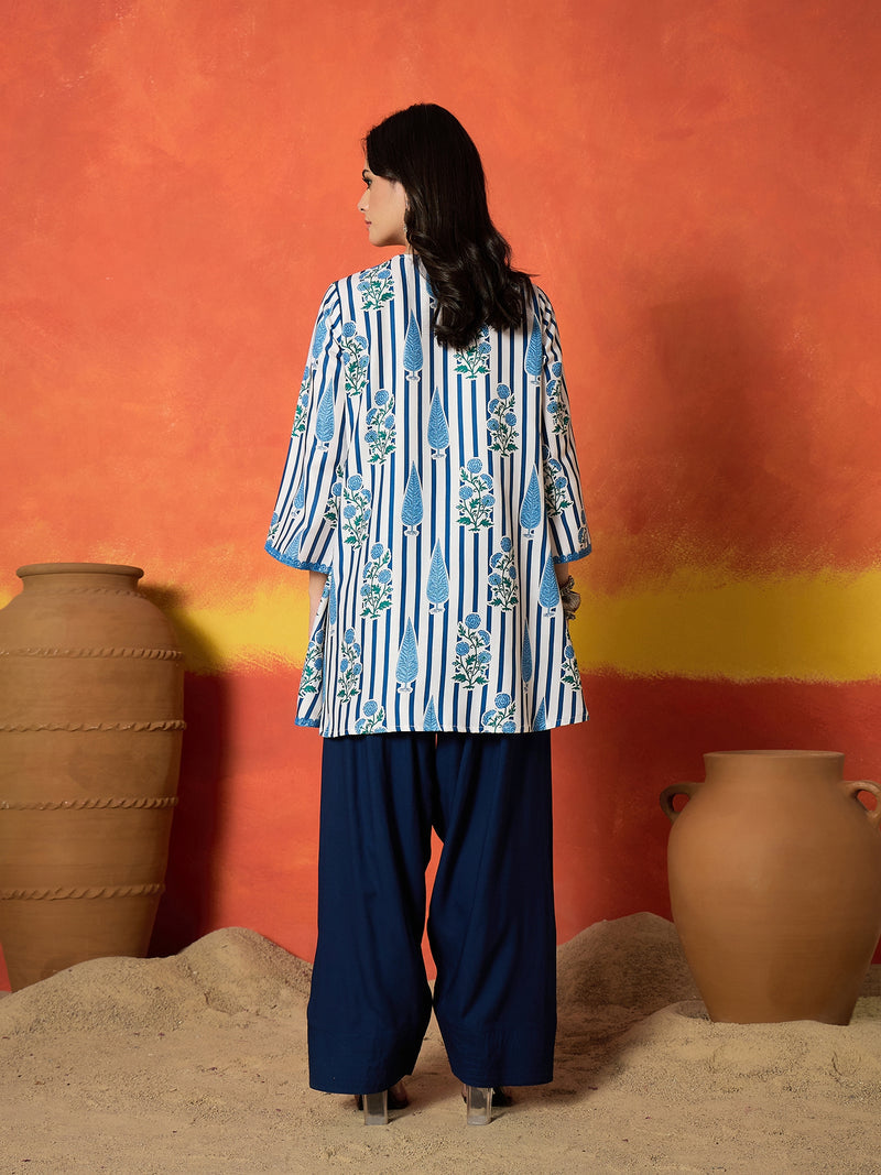 Stylum Women's Blue Striped & Floral Printed Rayon A-Line Kurti With Farshi Salwar