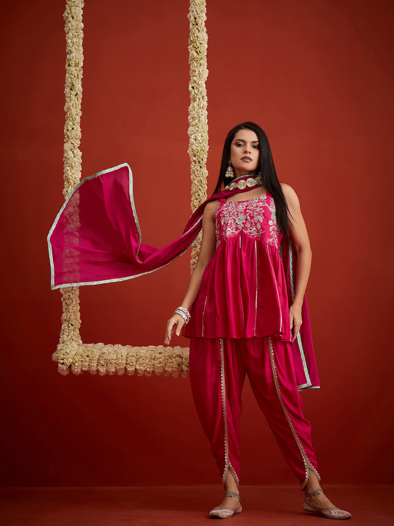 Stylum Women's Pink Solid & Embroidered Rayon A-Line Kurti Dhoti Pant With Dupatta