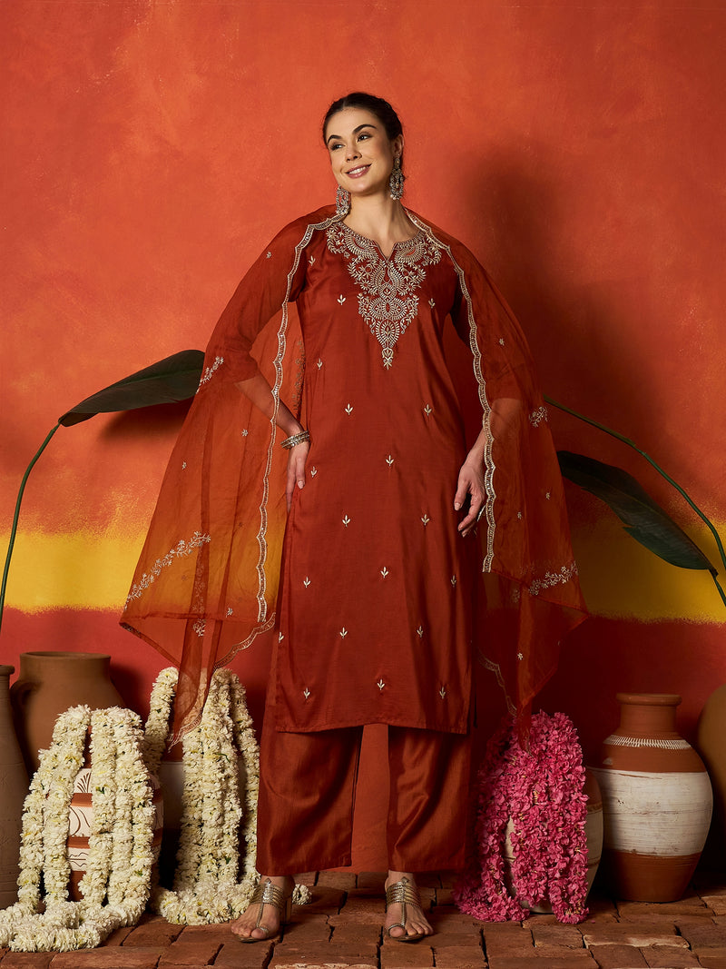 Stylum Women's Rust Solid & Embroidered Chinon Straight Kurta Pant With Dupatta