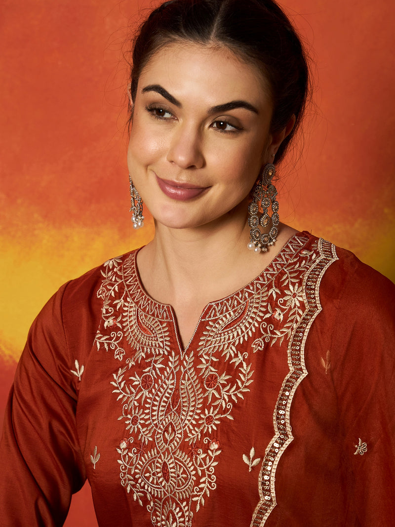 Stylum Women's Rust Solid & Embroidered Chinon Straight Kurta Pant With Dupatta
