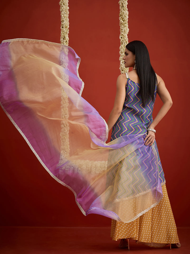 Stylum Women's Blue Chevron Printed Pure Cotton Asymmetric Kurta Palazzo Dupatta Set