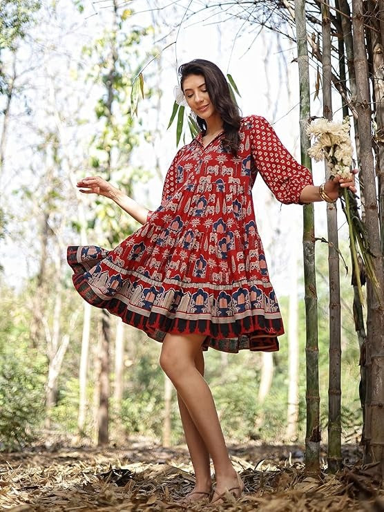 Stylum Ethnic Motifs Print Puff Sleeve Fit & Flare Dress