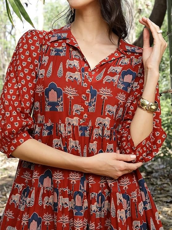 Stylum Ethnic Motifs Print Puff Sleeve Fit & Flare Dress