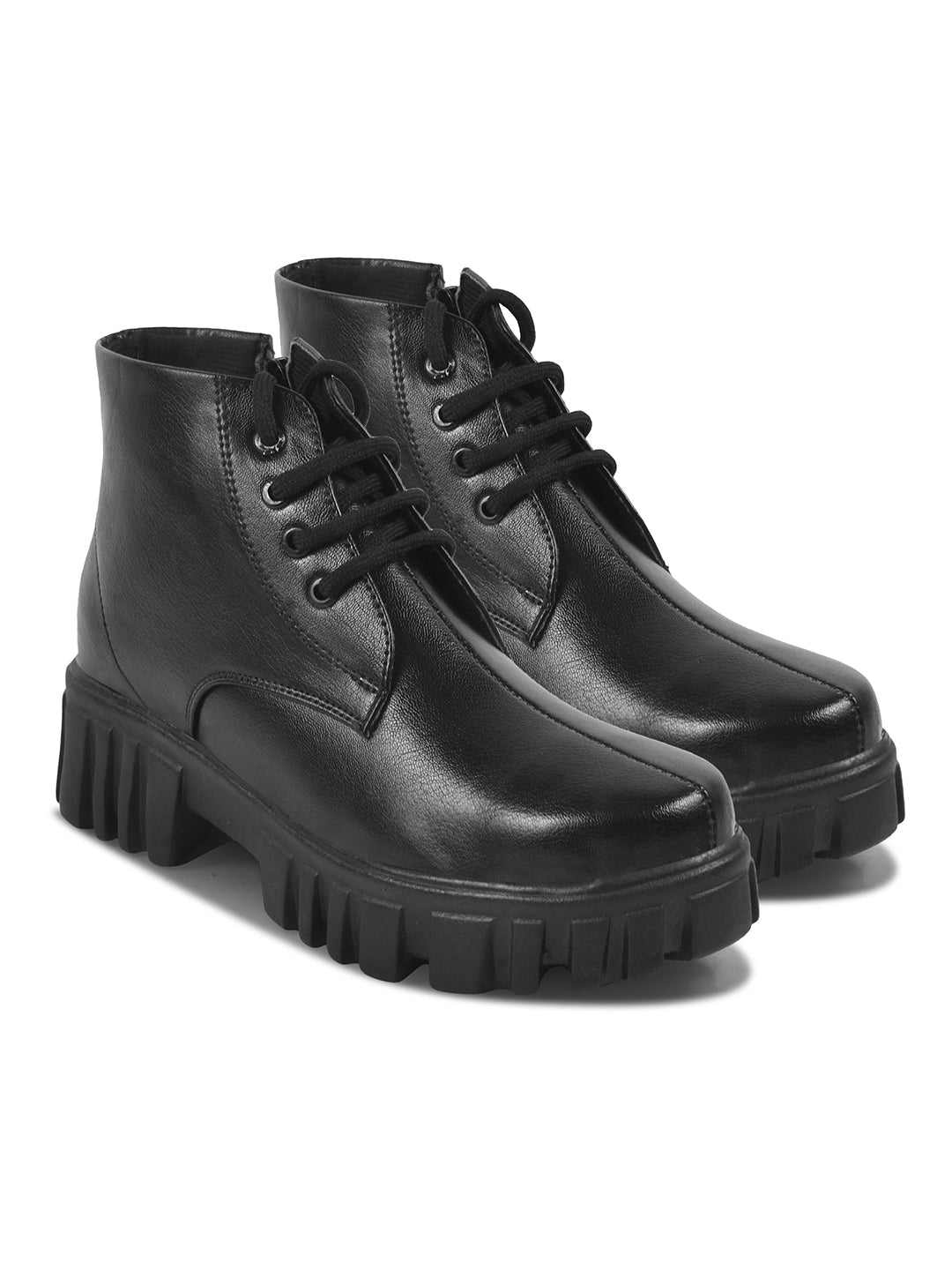 JM Looks Chunky Platform Ankle Boots for Women with Lace-Up Closure