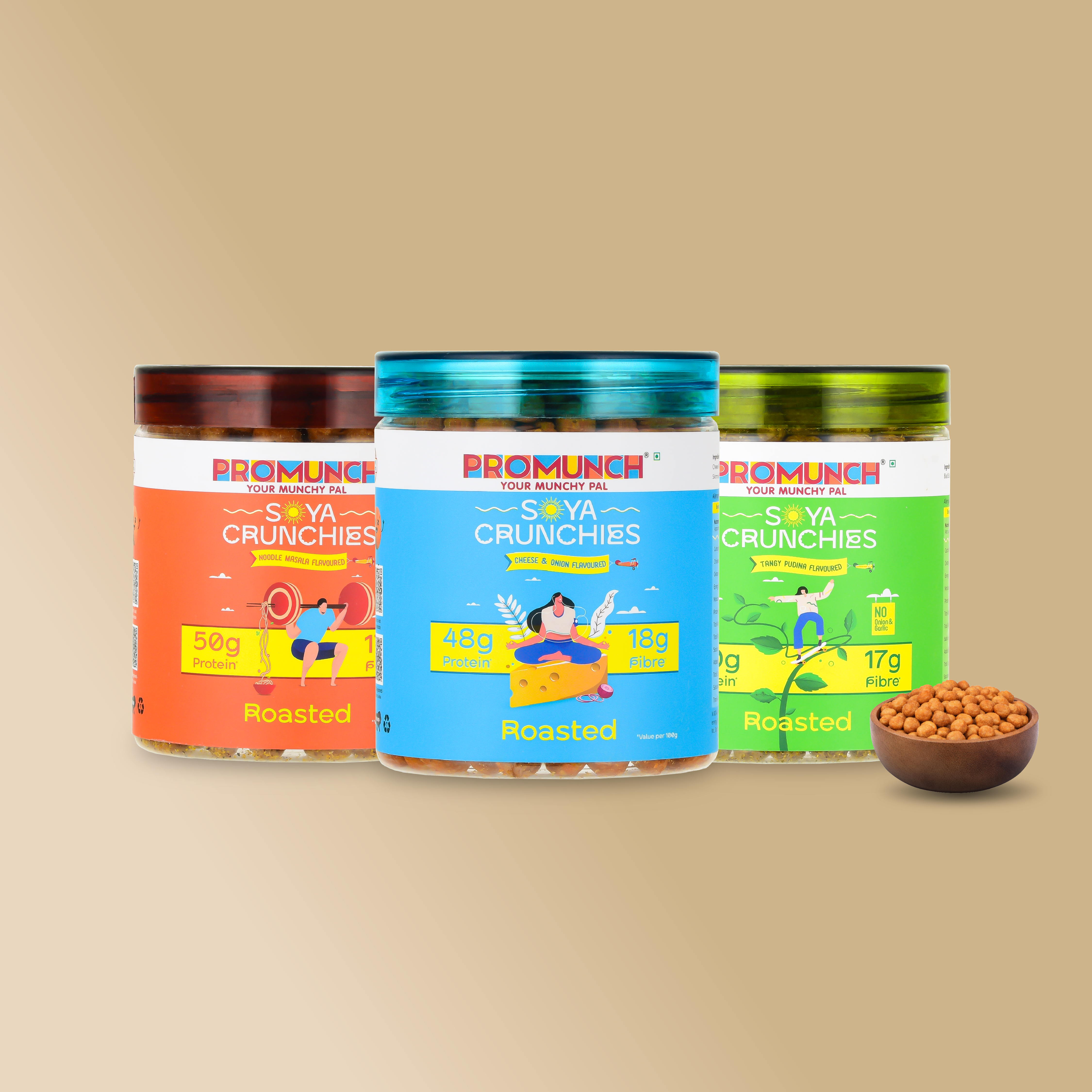 Promunch Variety Pack Protein Crunchies (Noodle Masala, Tangy Pudina, Cheese & Onion) - 150Gm X 3