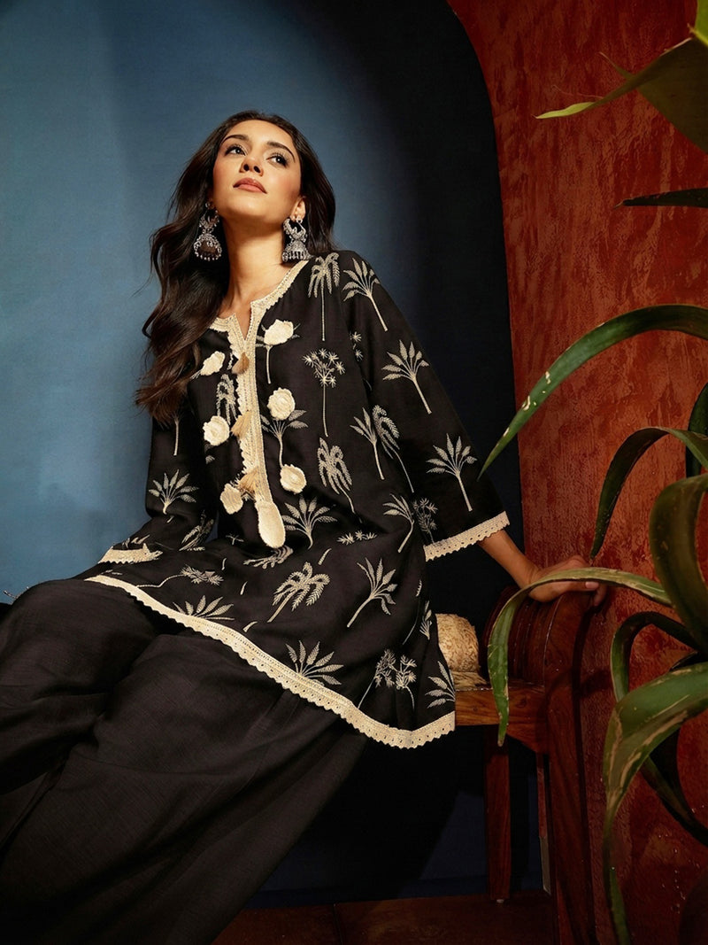 Stylum Women's Palm Tree Printed Pure Cotton A-Line Short Kurti With Farshi Salwar Set