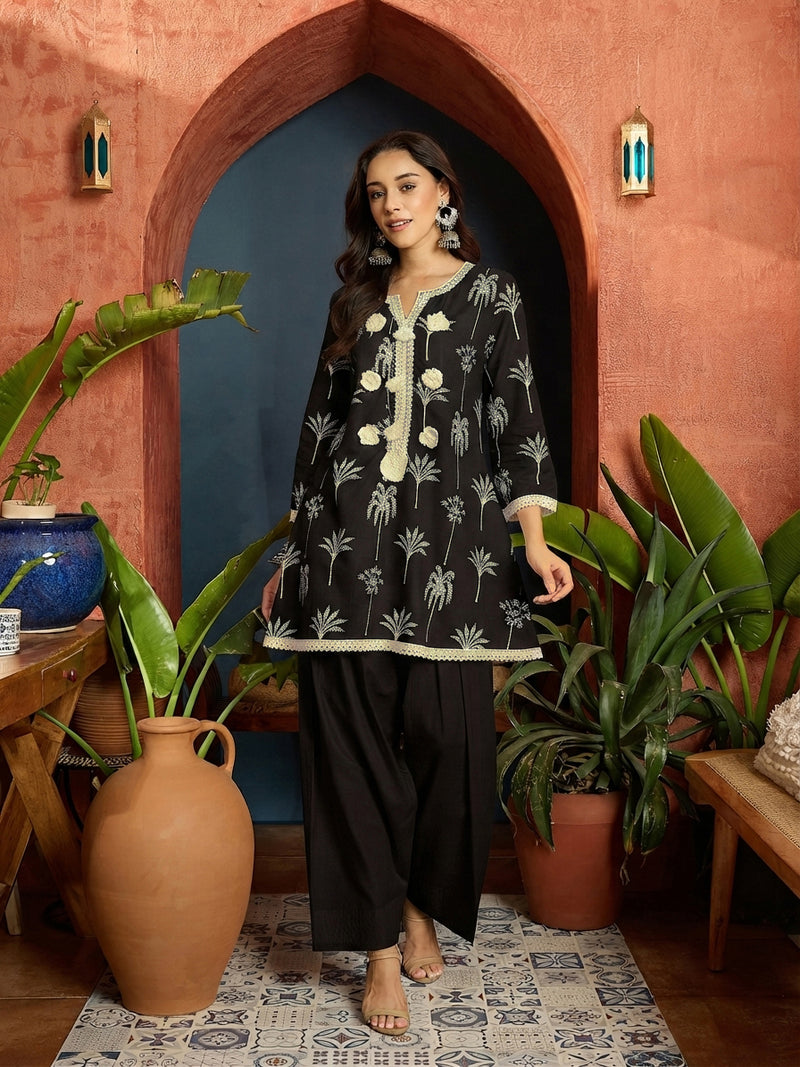 Stylum Women's Palm Tree Printed Pure Cotton A-Line Short Kurti With Farshi Salwar Set