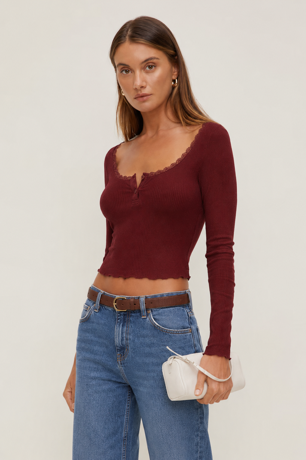 Mywishbag Polo Lace Trim Rib Top - Polyester Blend