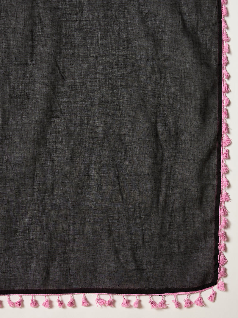 Stylum Women's Black Solid & Embroidered Pure Cotton Straight Kurti Farshi Salwar With Dupatta