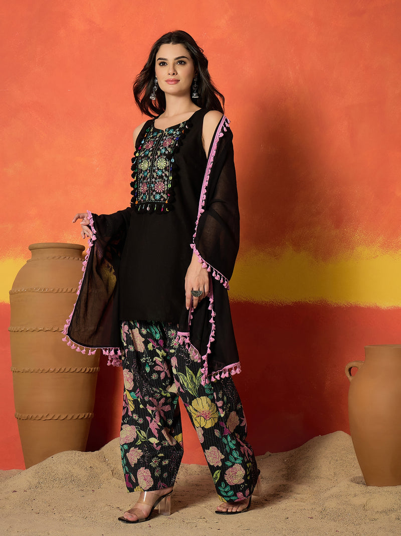 Stylum Women's Black Solid & Embroidered Pure Cotton Straight Kurti Farshi Salwar With Dupatta