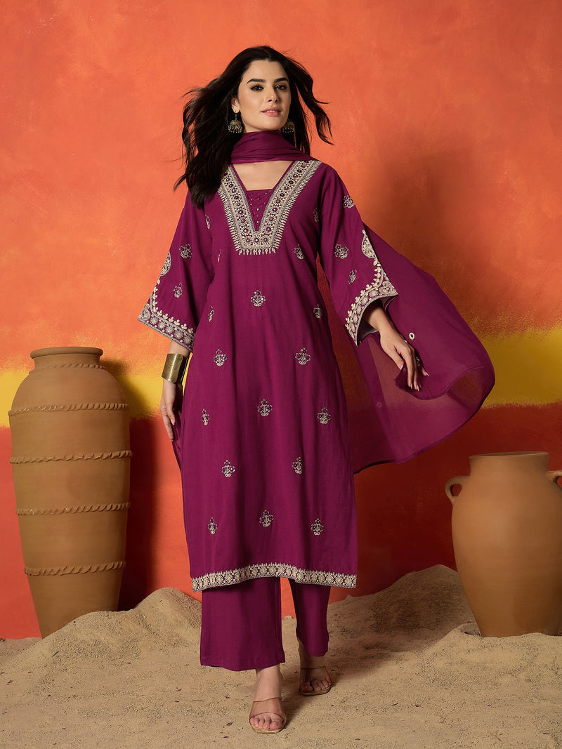 Stylum Women's Magenta Solid & Embroidered Cotton Flex Straight Kurta Palazzo Dupatta Set