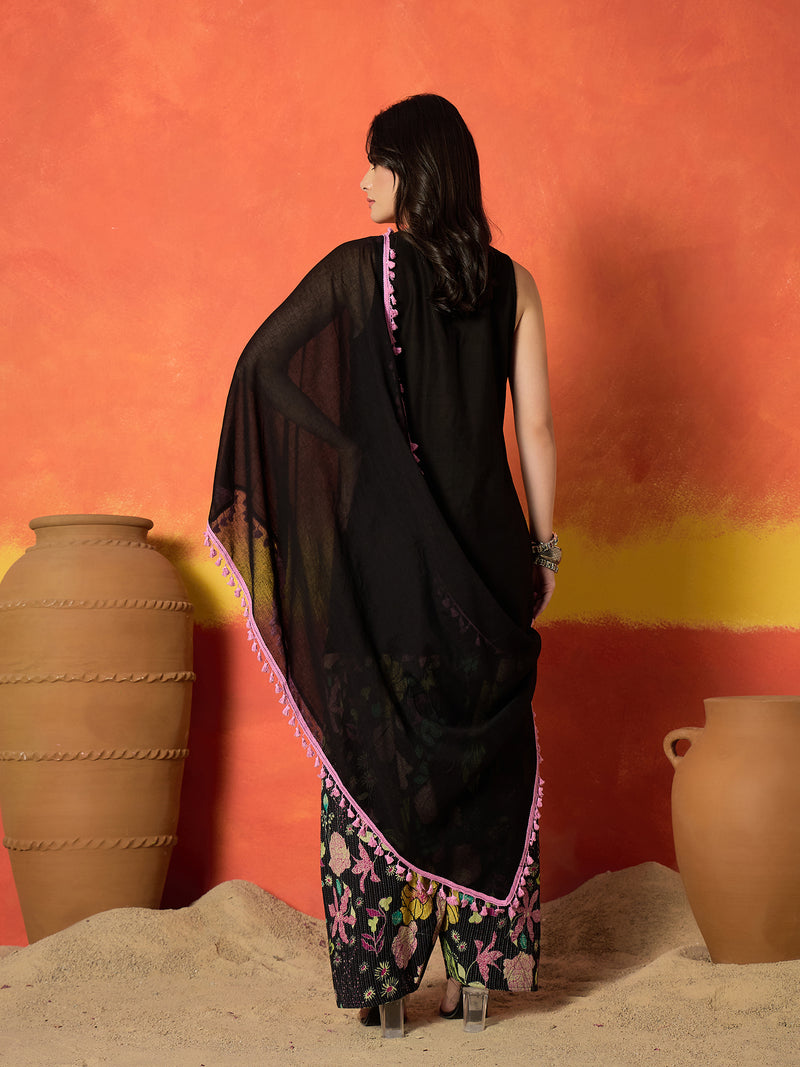 Stylum Women's Black Solid & Embroidered Pure Cotton Straight Kurti Farshi Salwar With Dupatta