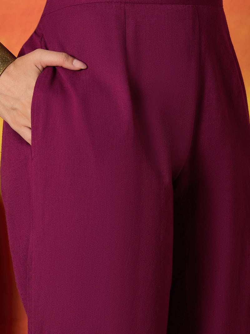 Stylum Women's Magenta Solid & Embroidered Cotton Flex Straight Kurta Palazzo Dupatta Set
