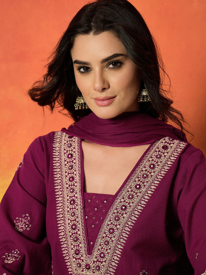 Stylum Women's Magenta Solid & Embroidered Cotton Flex Straight Kurta Palazzo Dupatta Set