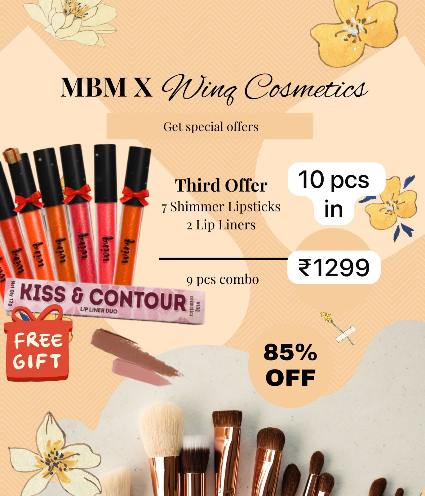 Winq Cosmetics Shimmer Lipsticks + Lip Liners & Gift (Combo of 10)