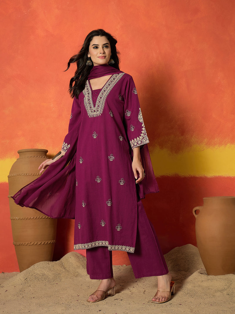 Stylum Women's Magenta Solid & Embroidered Cotton Flex Straight Kurta Palazzo Dupatta Set