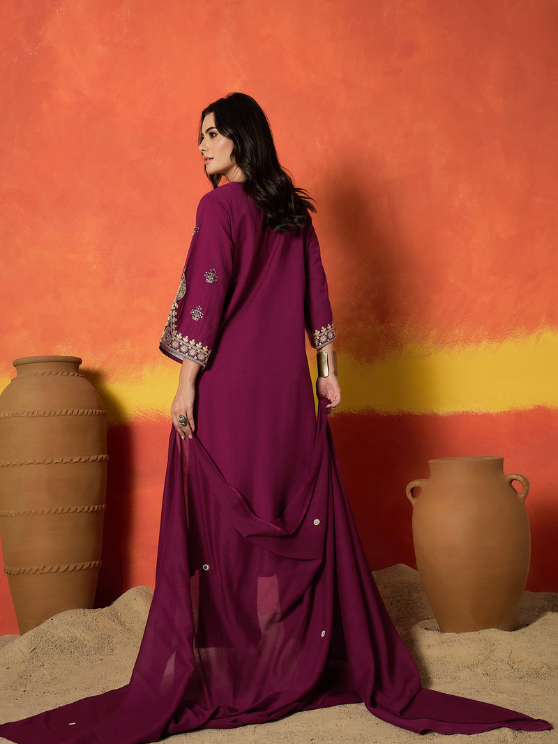 Stylum Women's Magenta Solid & Embroidered Cotton Flex Straight Kurta Palazzo Dupatta Set