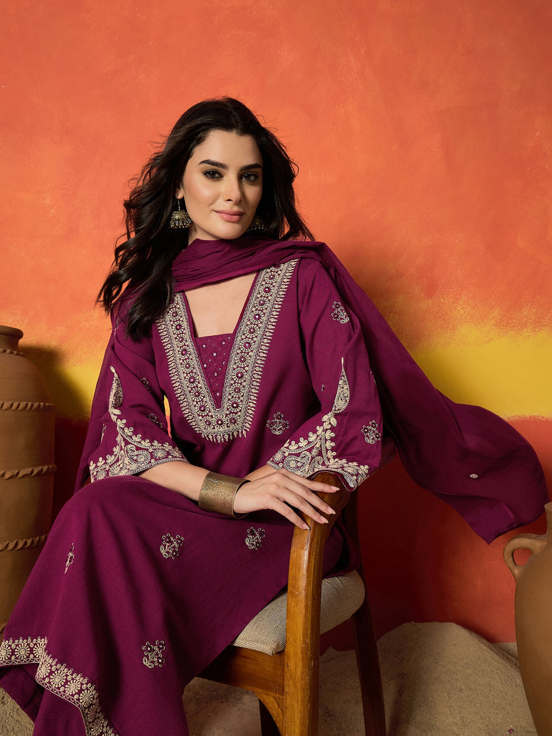 Stylum Women's Magenta Solid & Embroidered Cotton Flex Straight Kurta Palazzo Dupatta Set