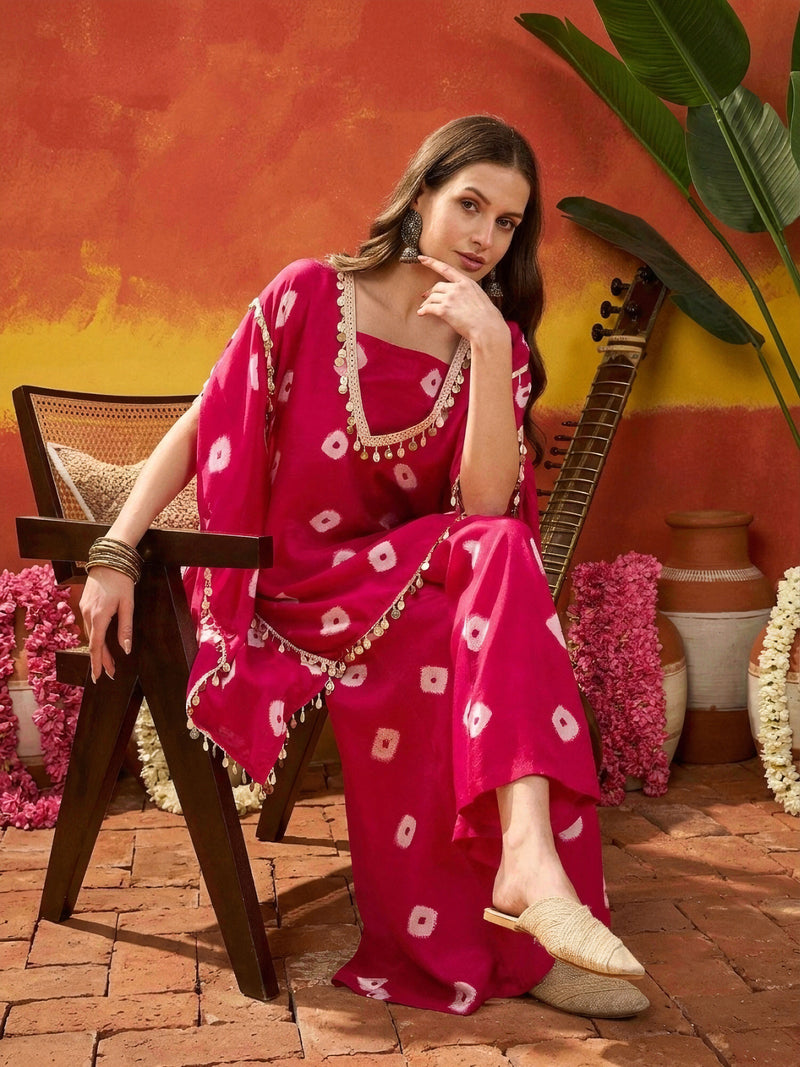 Stylum Women's Bandhej Printed Rayon Kaftan Tube Top Sharara Set