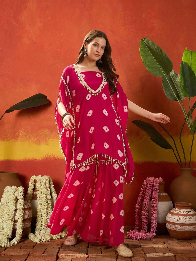 Stylum Women's Bandhej Printed Rayon Kaftan Tube Top Sharara Set