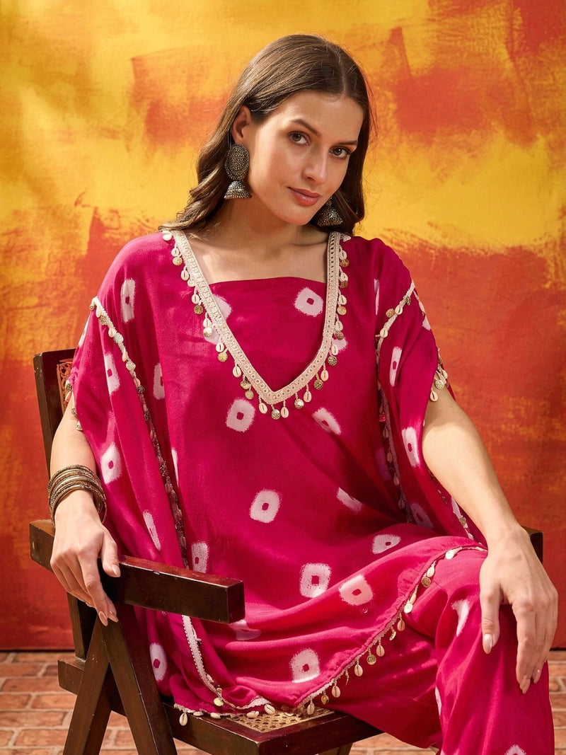 Stylum Women's Bandhej Printed Rayon Kaftan Tube Top Sharara Set