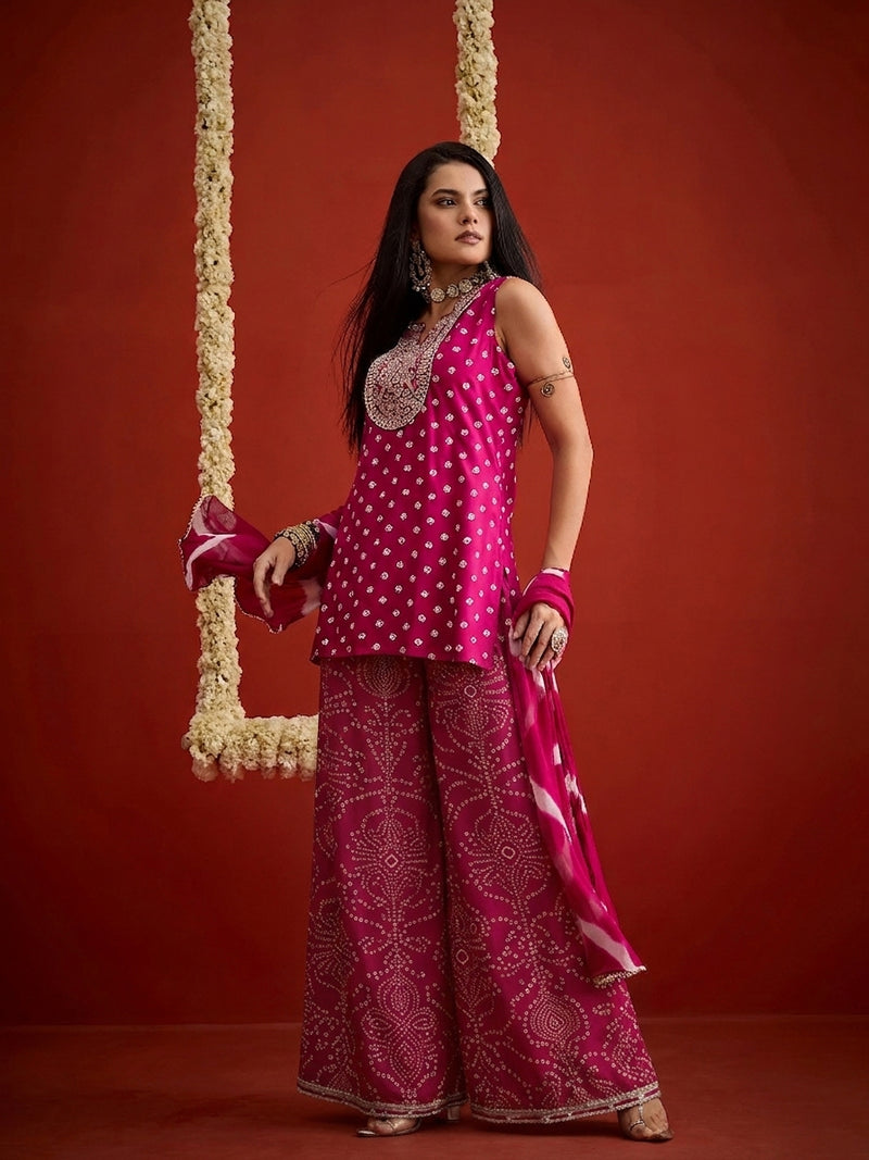 Stylum Women's Pink Bandhej Printed & Embroidered Rayon Straight Short Kurti Palazzo Dupatta Set