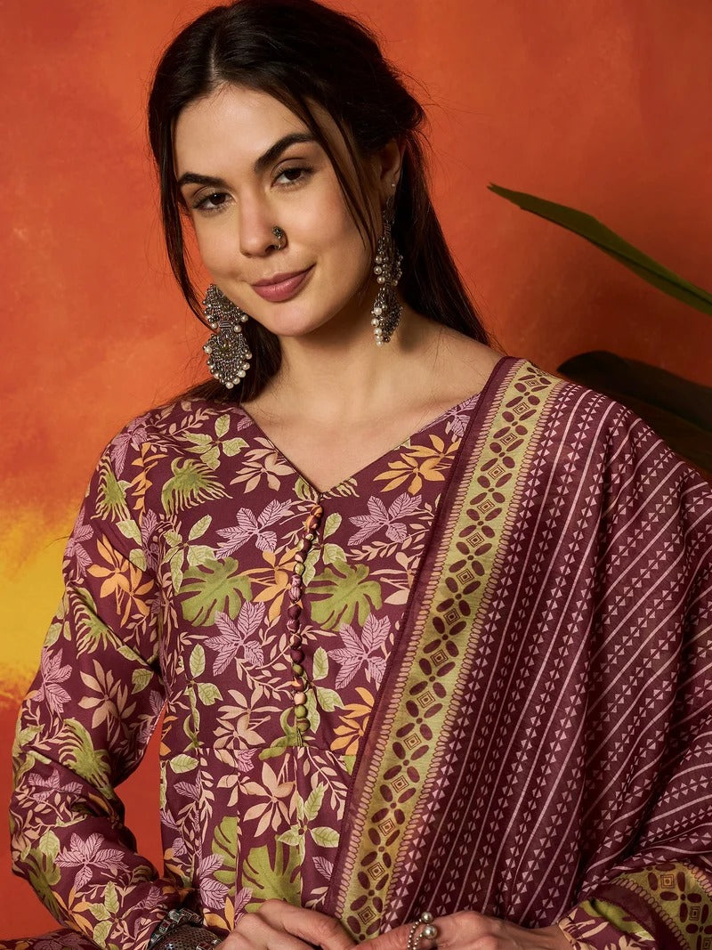 Stylum Women's Mauve Floral Printed Rayon Anarkali Kurta Pant Dupatta Set