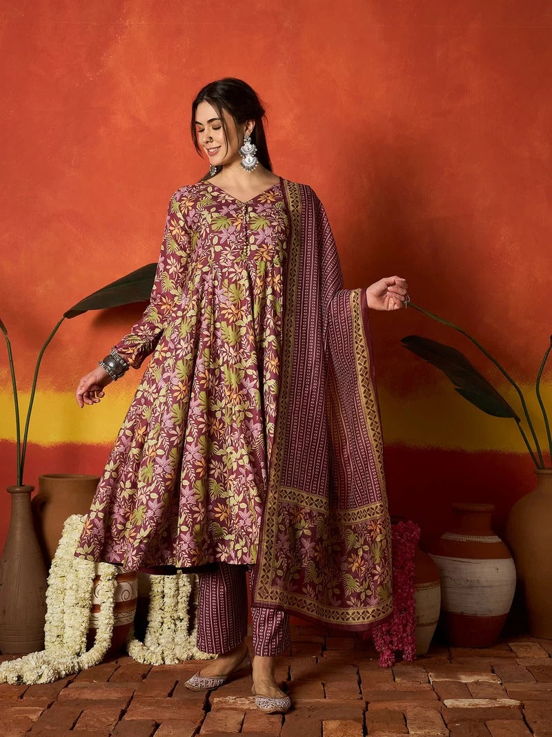 Stylum Women's Mauve Floral Printed Rayon Anarkali Kurta Pant Dupatta Set