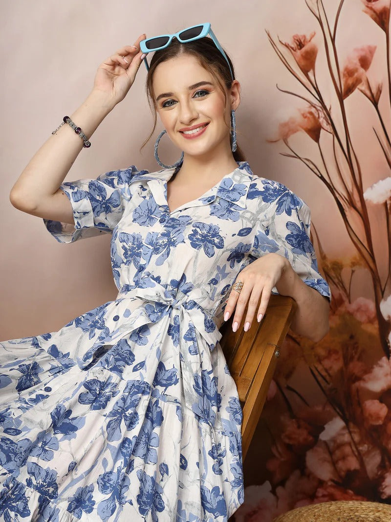 Stylum Women's Floral Printed Cotton Flared Dress - Blue