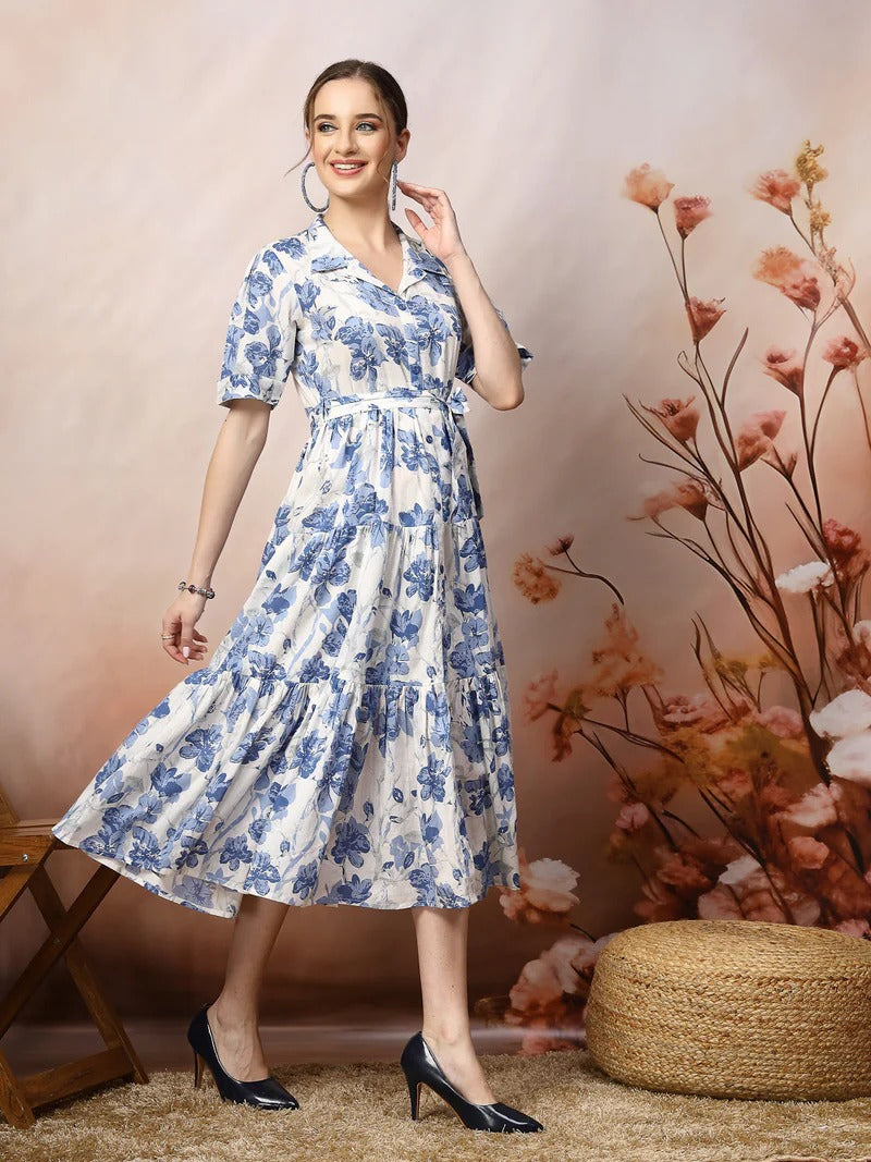 Stylum Women's Floral Printed Cotton Flared Dress - Blue