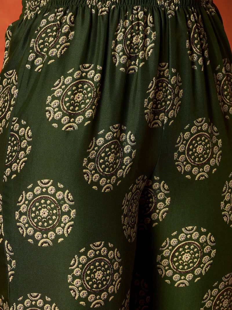 Stylum Women's Green Ethnic Motif Printed Rayon Anarkali Kurta Pant Dupatta Set