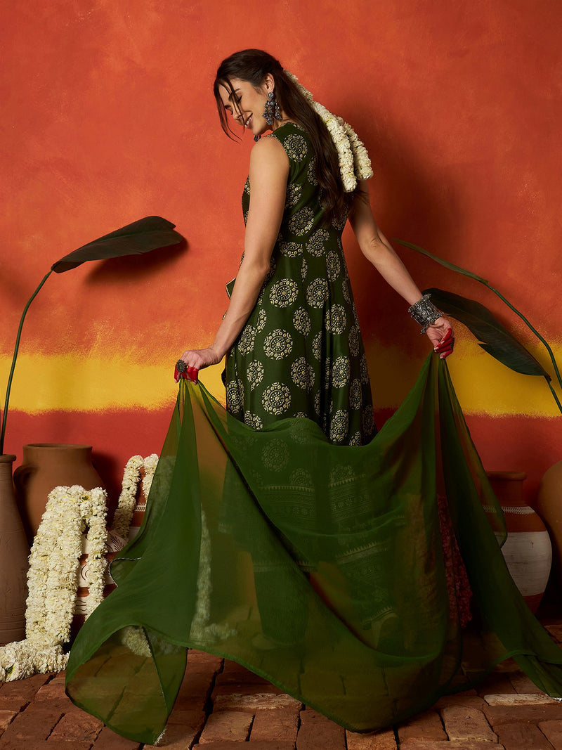 Stylum Women's Green Ethnic Motif Printed Rayon Anarkali Kurta Pant Dupatta Set