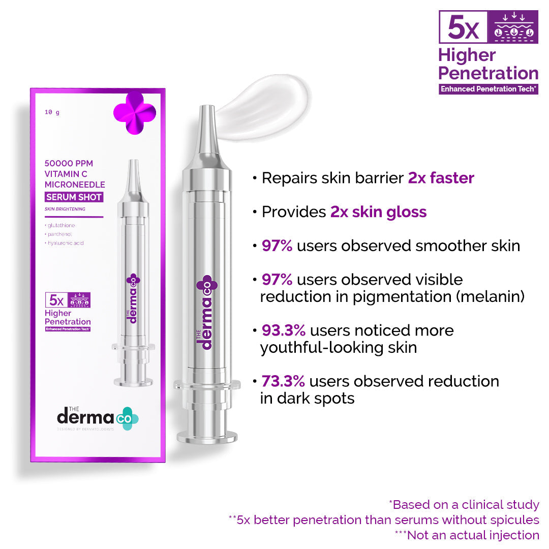 Derma Co 50000 PPM Vitamin C Microneedle Serum Shot with Glutathione, Panthenol & Hyaluronic Acid - 10g