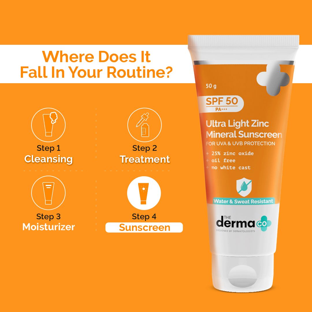 Derma Co Ultra Light Zinc Mineral Sunscreen with SPF 50 For Broad Spectrum, UVA, UVB & Blue Light Protection - 50g