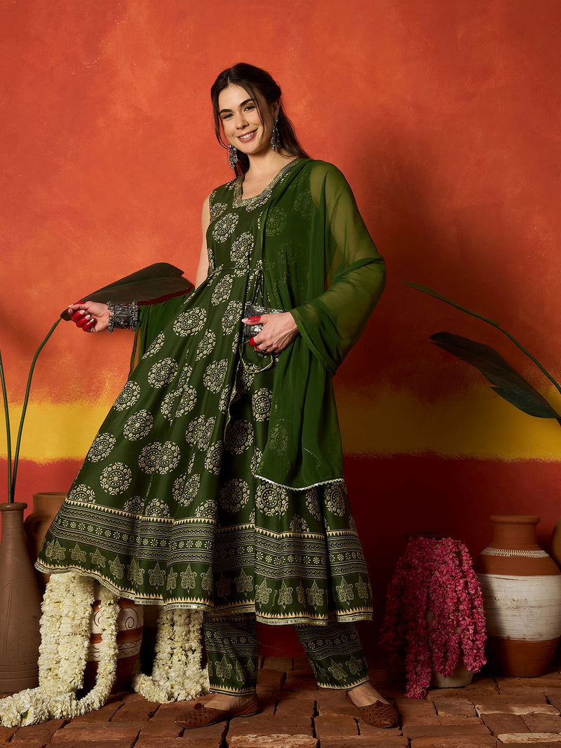 Stylum Women's Green Ethnic Motif Printed Rayon Anarkali Kurta Pant Dupatta Set