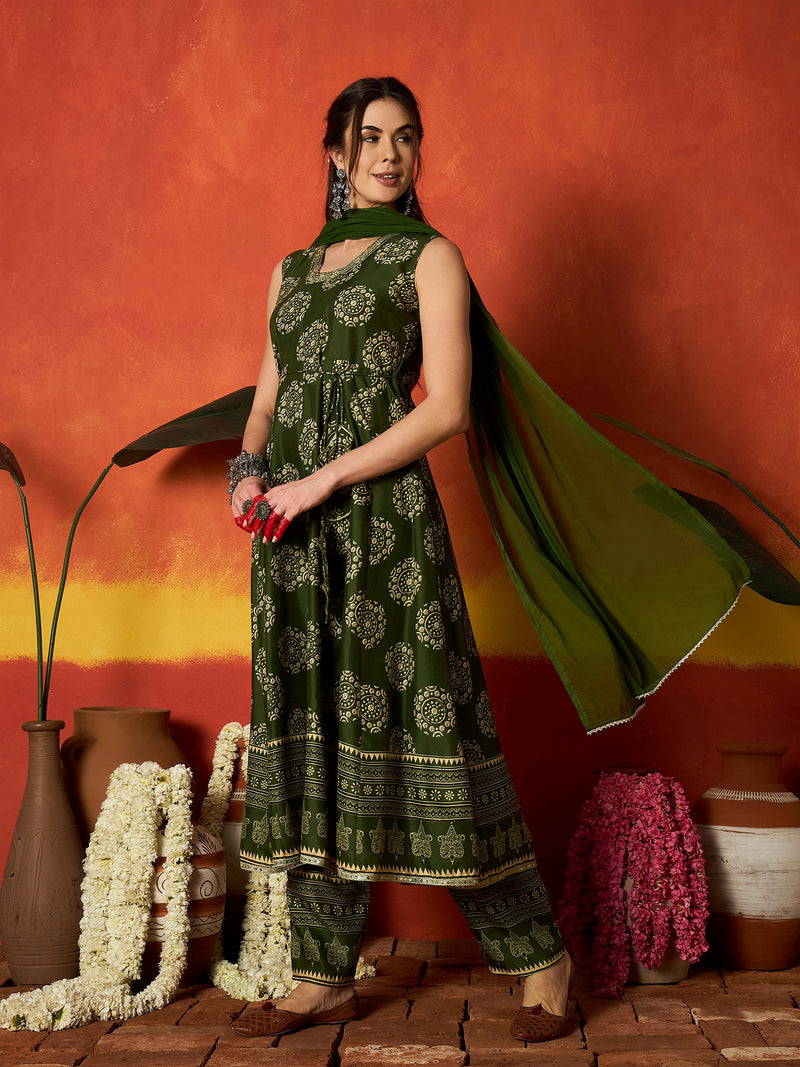 Stylum Women's Green Ethnic Motif Printed Rayon Anarkali Kurta Pant Dupatta Set