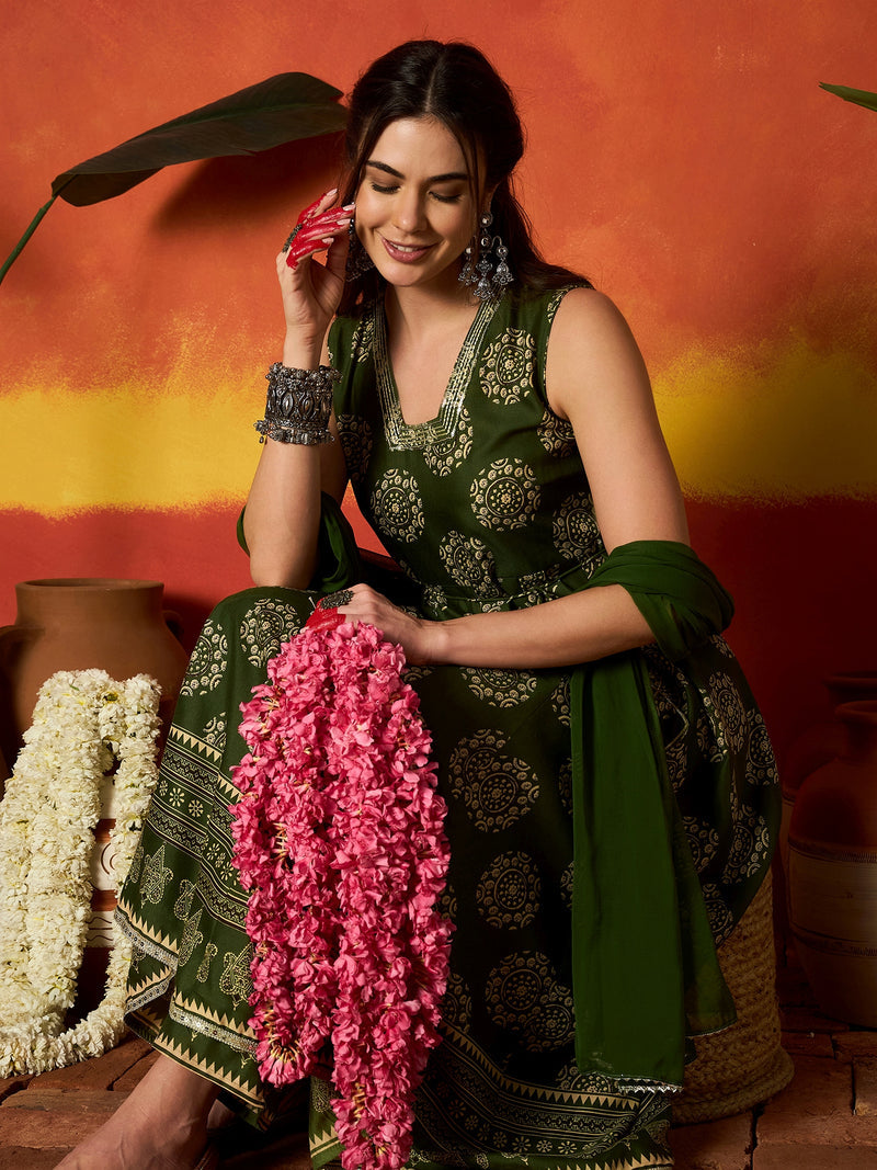 Stylum Women's Green Ethnic Motif Printed Rayon Anarkali Kurta Pant Dupatta Set