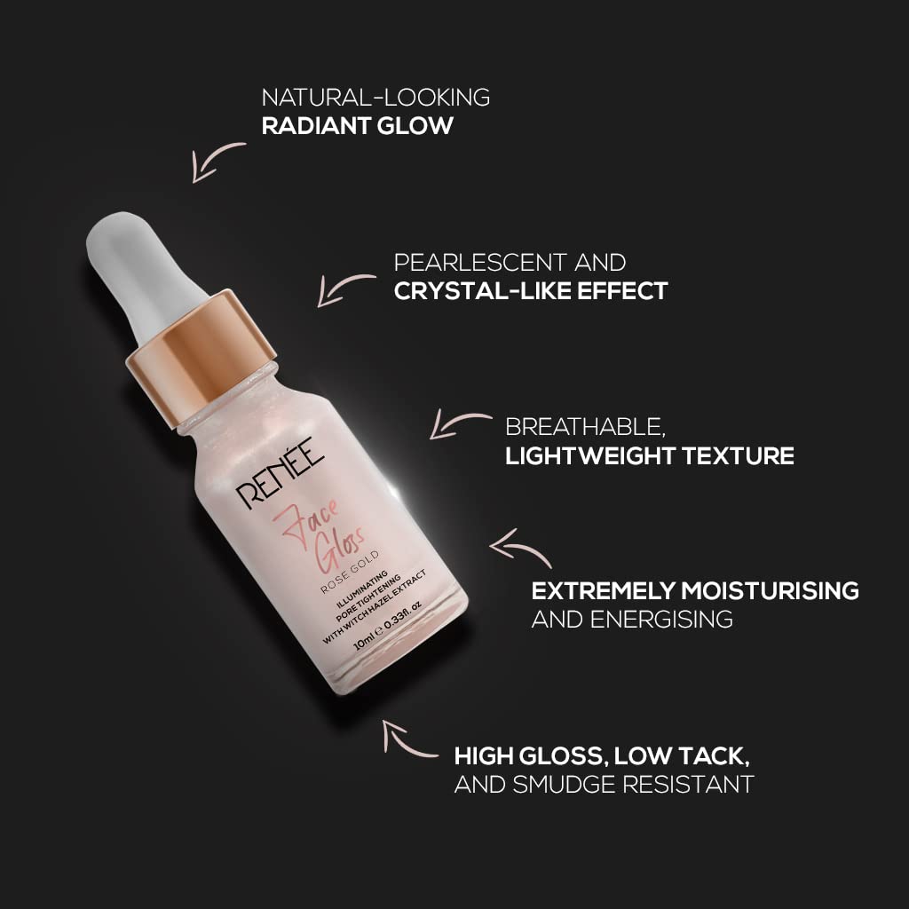 RENEE Face Gloss Highlighting Strobe Serum for Glass Skin, Hydration & Illumination, Paraben-Free, Hyaluronic Acid, Vegan, Lightweight, Non-Greasy Hydrating Serum for Radiant, Dewy Skin - Rose Gold