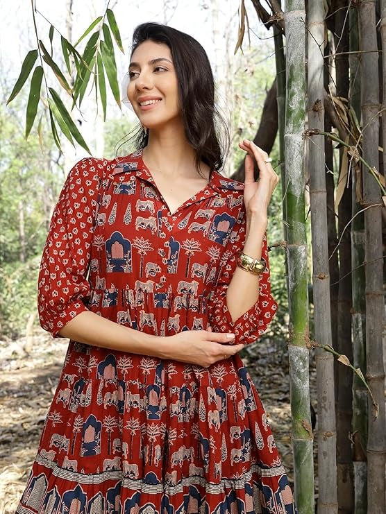 Stylum Women's Rust Ethnic Printed Cotton Flared Dress