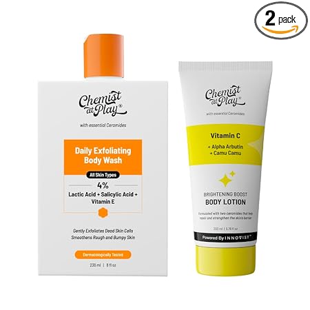 Chemist At Play 1% Salicylic Acid Exfoliating Body Wash 236ml +Brightening Body Lotion | Skin Moisturization | Arbutin & Vitamin C | 200 ml | Men & Women