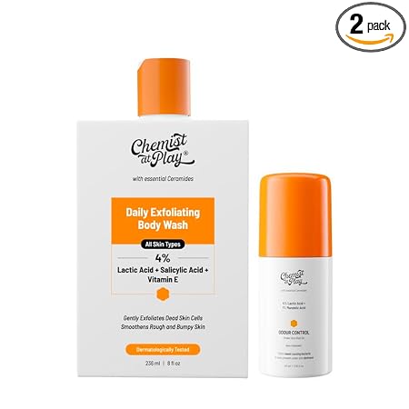 Chemist At Play Exfoliating Body Wash + Under-Arm Roll-On, Aqua Fragrance | Prevent Dry, Rough, Bumpy Skin, Brightens Skin & Exfoliates Underarm| For Men & Women | 236ml + 40ml