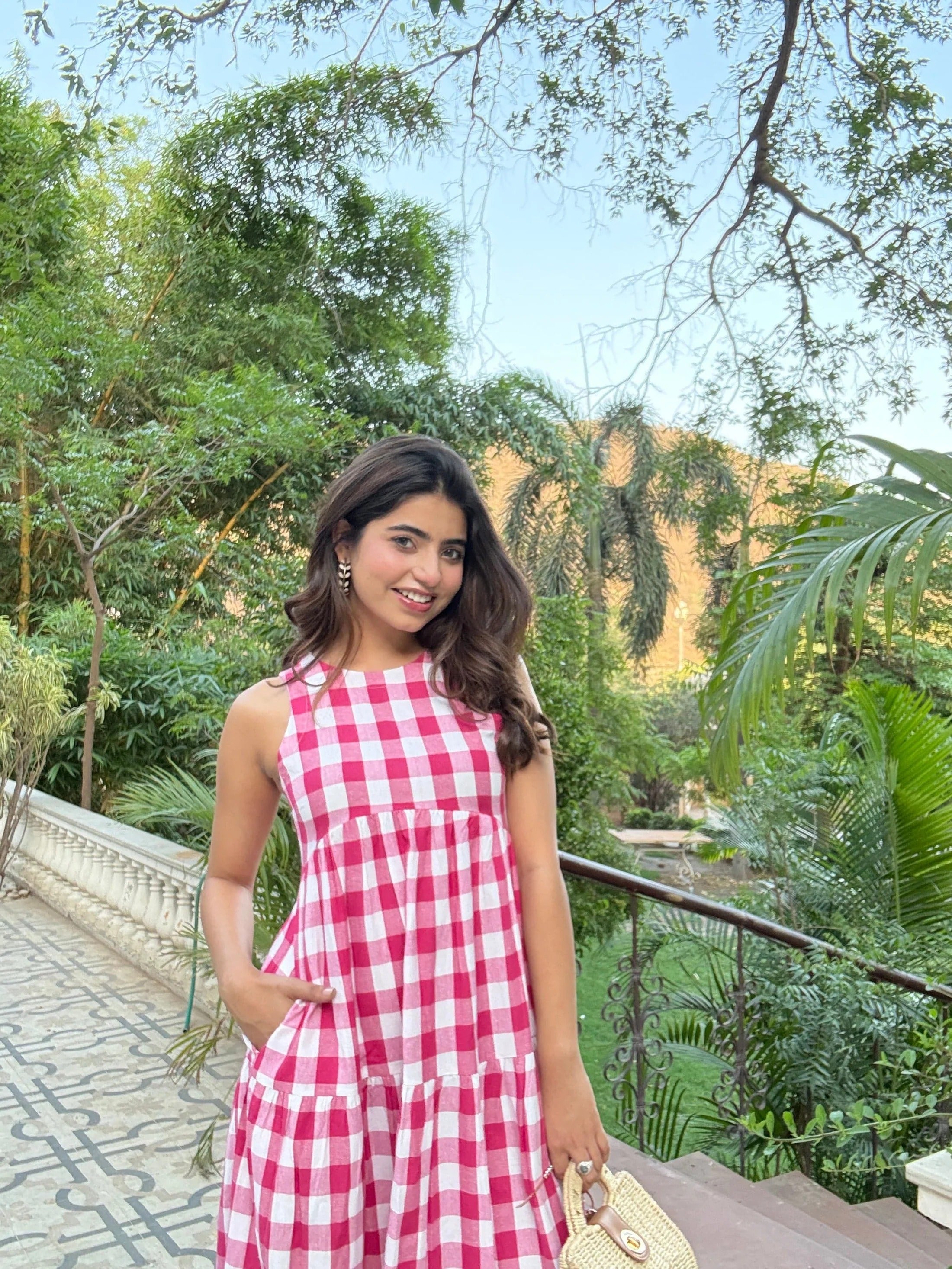 Sugnaa Classic A-Line Gingham Dress - Pink